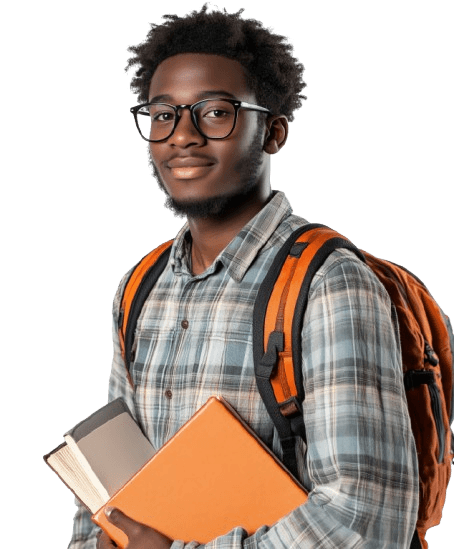 Student holding books and a backpack